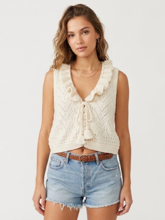Free People Tops - Free People Women Alpine Tie Front Sweater Vest Cream Pointelle Knit Large